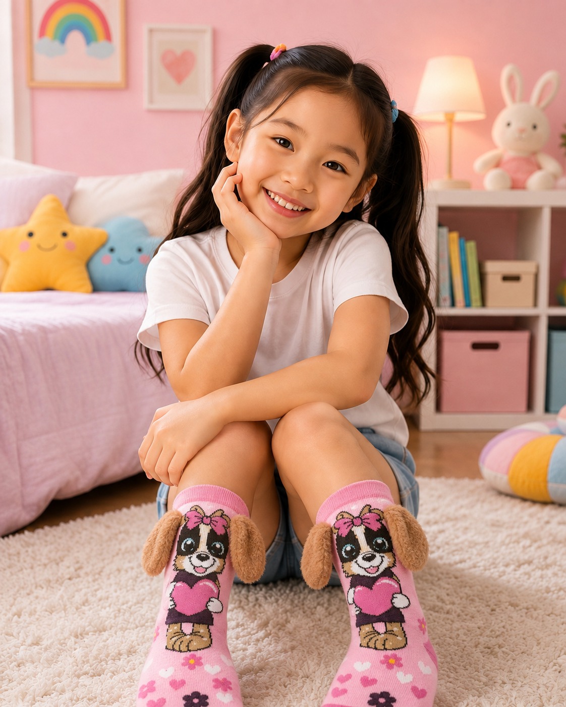 Menina usando meias infantis rosas com personagem de cachorrinho